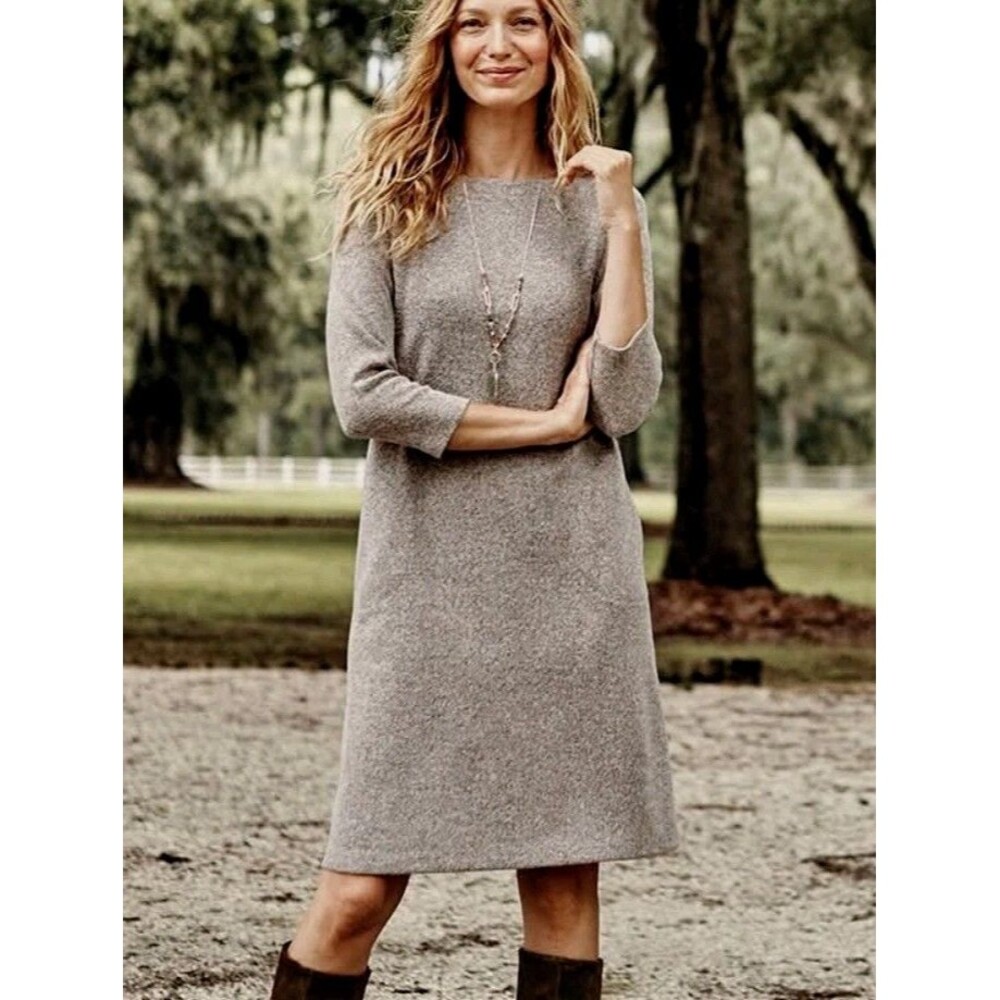 NWT J Jill Size M Herringbone Knit Dress Sandalwood Cream Pocket 3/4 Sleeve $99